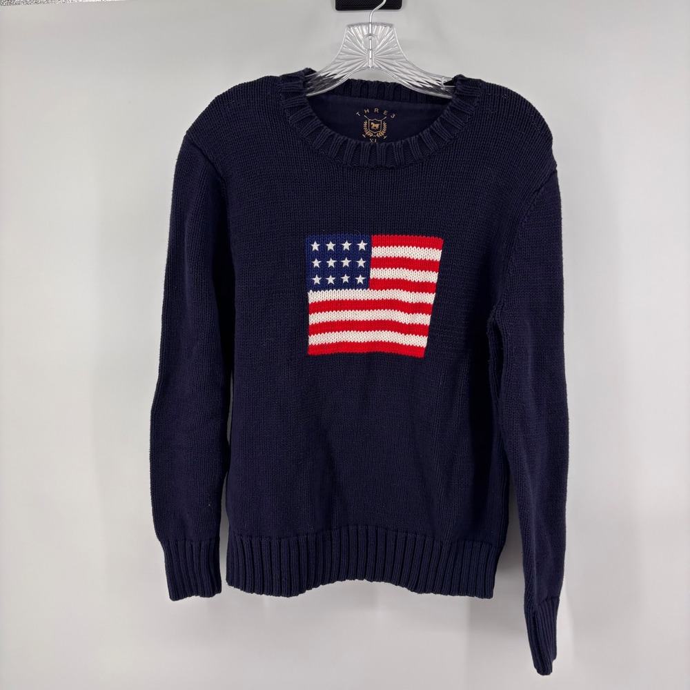Thre3‎ American Flag Knit Sweater Navy Blue Crewneck Pullover Patriotic XL